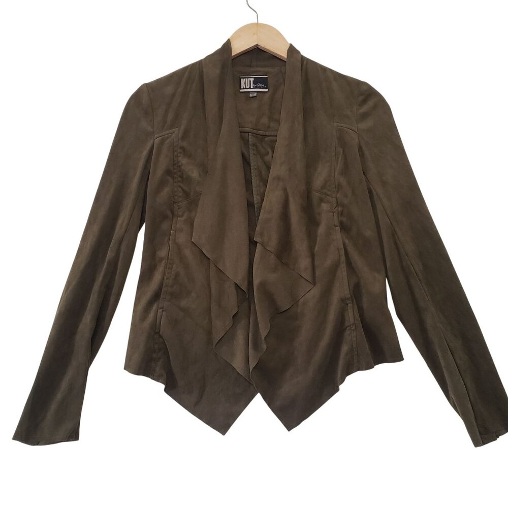 Kut From‎ The Kloth XS Olive Green Faux Suede Waterfall Open Front Jacket Casual
